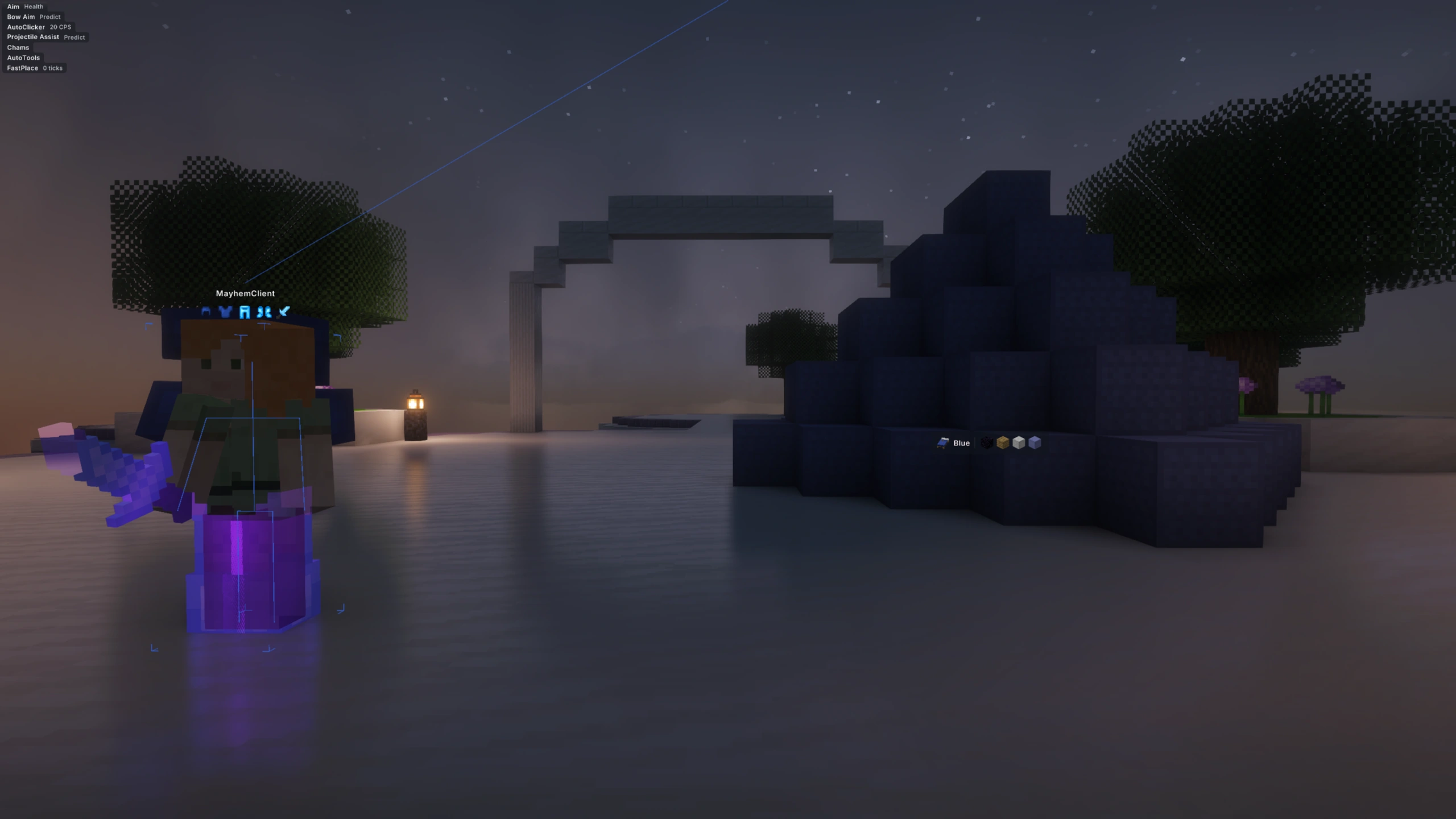 Mayhem Player ESP and Smart BedDefence in a Minecraft scene